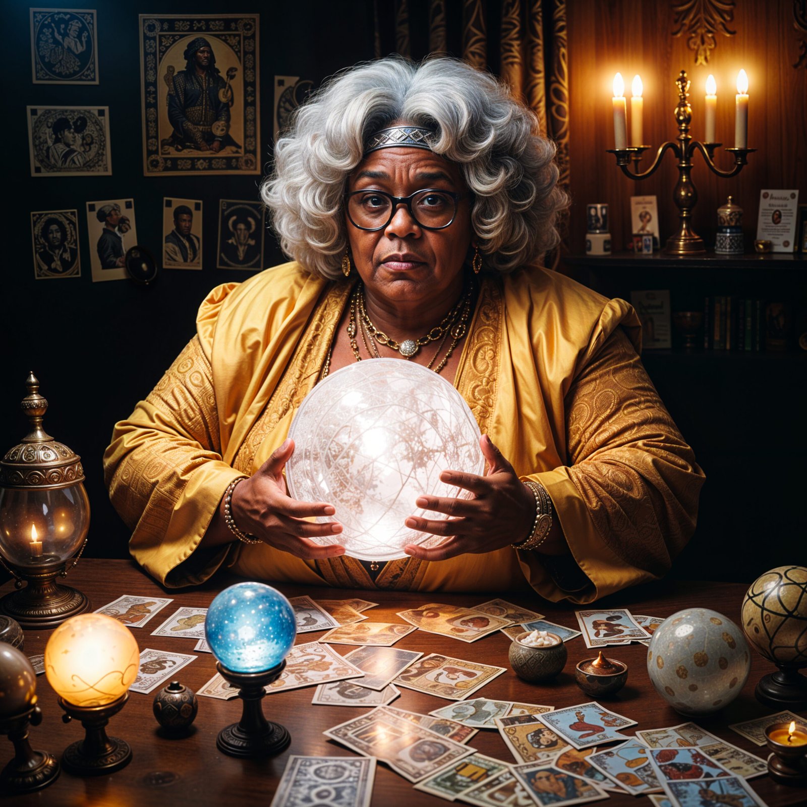 Prédictions voyance Tarot et Boule de cristal Une femme mature corpulente pratique le voyance tirage du Tarot sur son bureau
