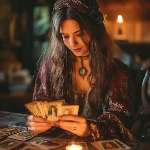 Tirage de Tarot pendant une voyance par téléphone Une jeune femme fait un tirage de tarot sur une table pendant une voyance par téléphone