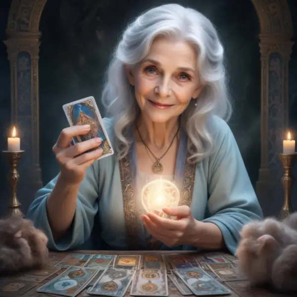 Voyante tirage de Tarot Une dame mature voyante professionnelle exerce le tirage de Tarot pendant une consultation de voyance par téléphone